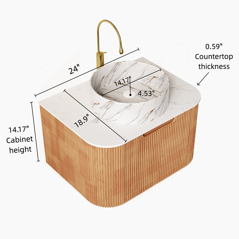 Meuble-lavabo de salle de bain 24 po avec lavabo, meuble de rangement mural rayé à bords arrondis avec tiroir, lavabo rond en céramique blanc avec motif de pierre, pré-assemblé, couleur grain de bois Natura