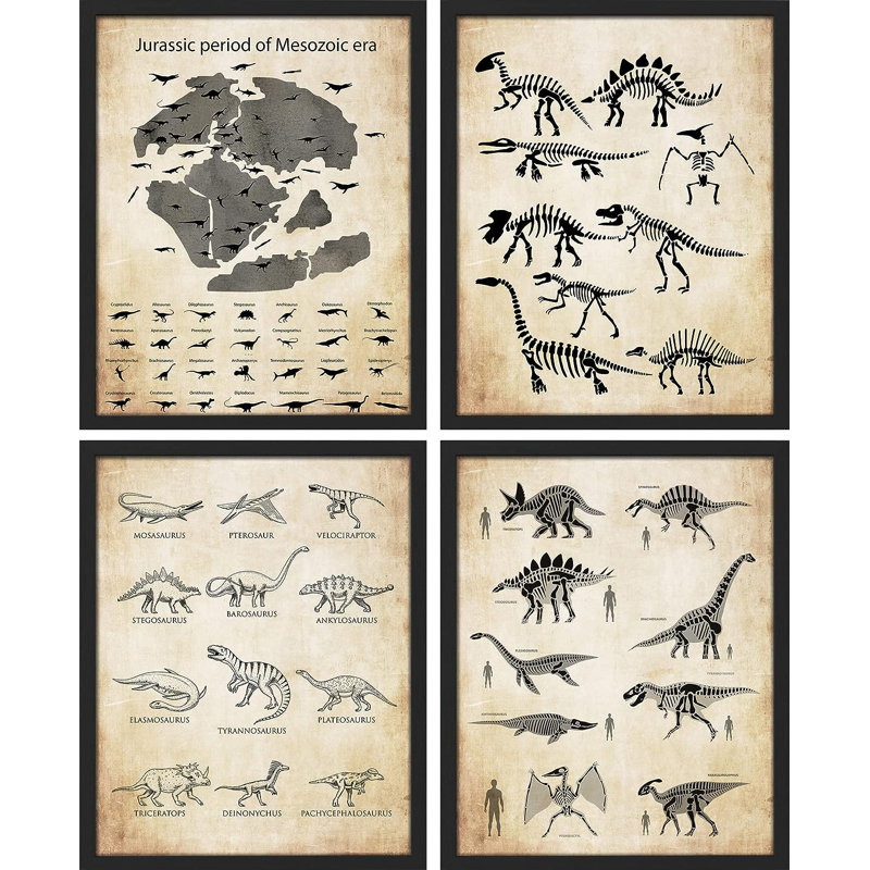 " Retro Vintage Duotone Sepia Dinosaur Museum Skeletons Wall Art Set Of 4 Illustration Prints Contemporary " 4 - Pieces