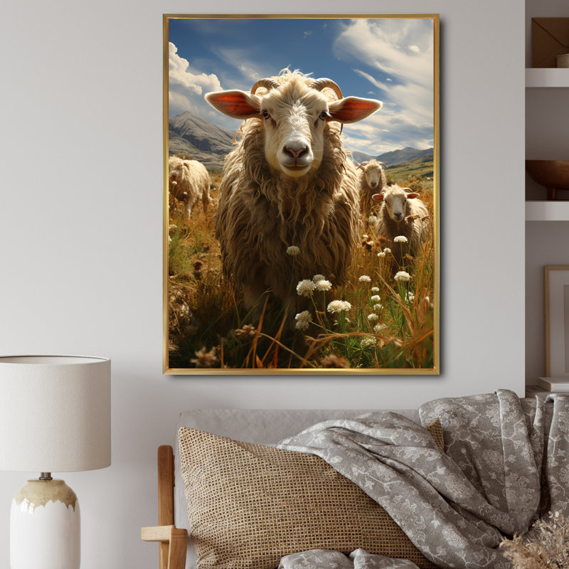 Sheep Harmony In Herd - animaux, impressions sur toile, H 32 po x l 16 po x P 1 po, Cadre flottant doré