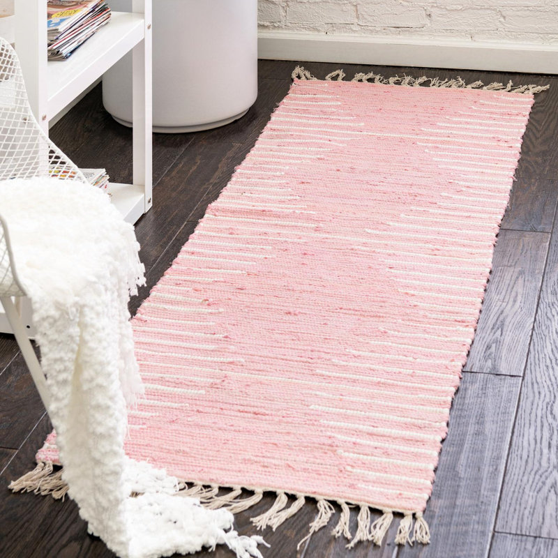 Tapis rose / blanc en coton tissé à la main, Tapis de couloir 2 pi 11 po x 16 pi 1 po