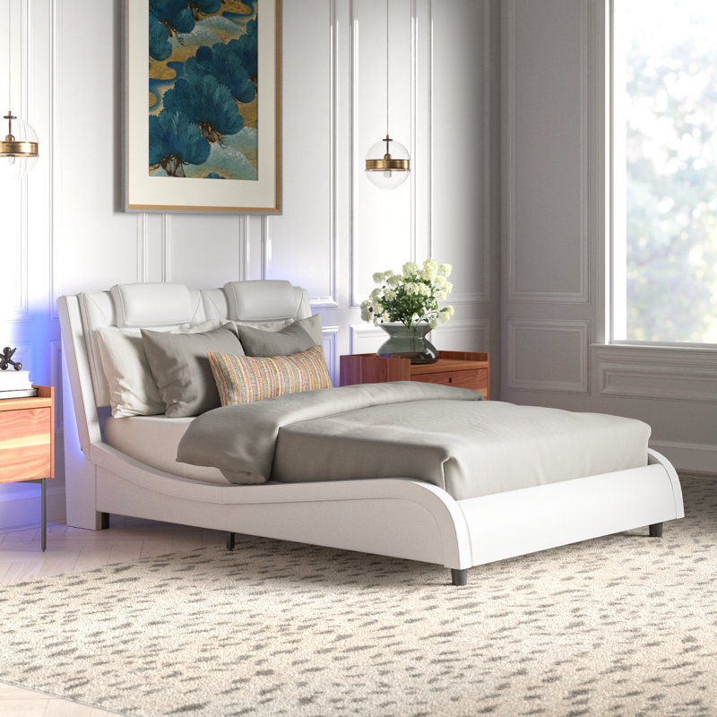 Belarmina PU Upholstered Low Profile Platform Bed with LED Light, White, Queen