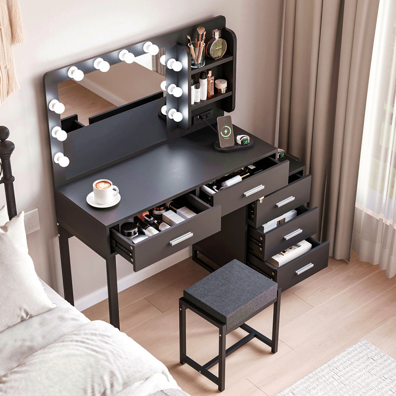 Meuble-lavabo 47 po avec lumières, ensemble de coiffeuse avec station de charge, coiffeuse avec 5 tiroirs et armoire, miroir de coiffeuse à 3 lumières de couleur réglable, noir