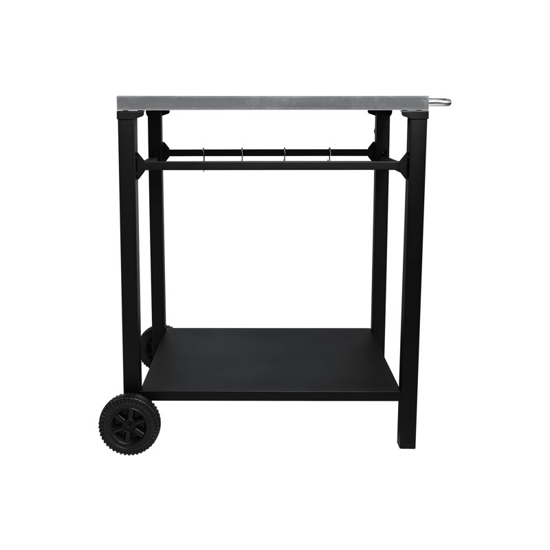 Chariot de barbecue extérieur à 2 niveaux, plateau en acier inoxydable, grandes roues, crochets à outils, table de préparation à barbecue mobile et chariot de bar pour patio, cour arrière, four à pizza, rouille, installation pratique, cadre noir,