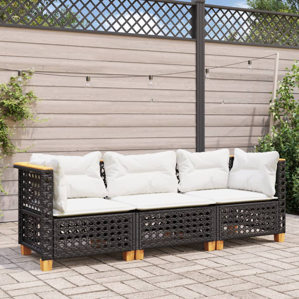 Gartensofa mit Kissen 2-Sitzer Schwarz Polyrattan