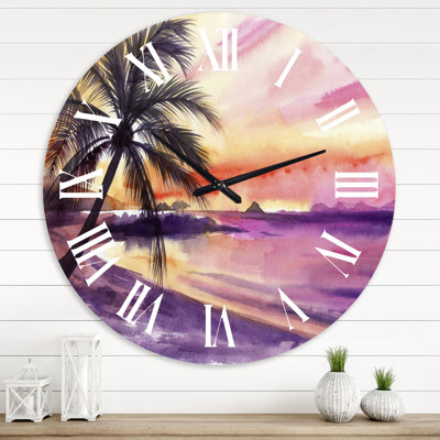 Pink and Purple Palm Beach Sunset - Nautical & Coastal wall clock