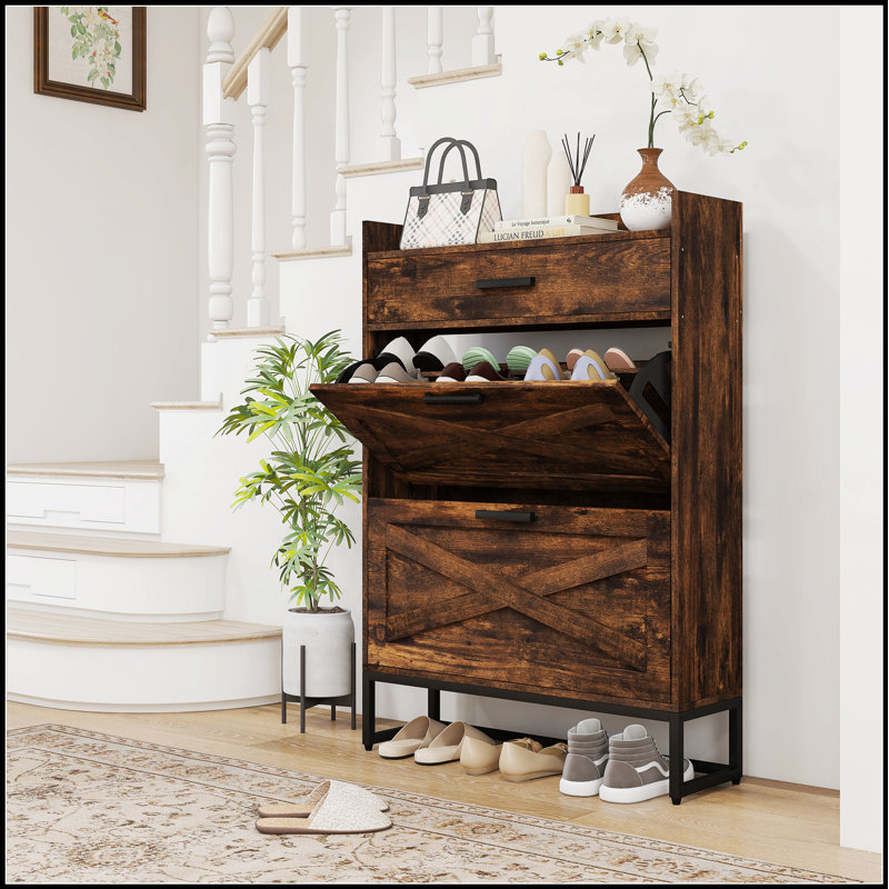 Narrow Shoe Cabinet with 2 Flip Doors, Top Drawer, and Adjustable Shelves for Efficient Storage and Organization