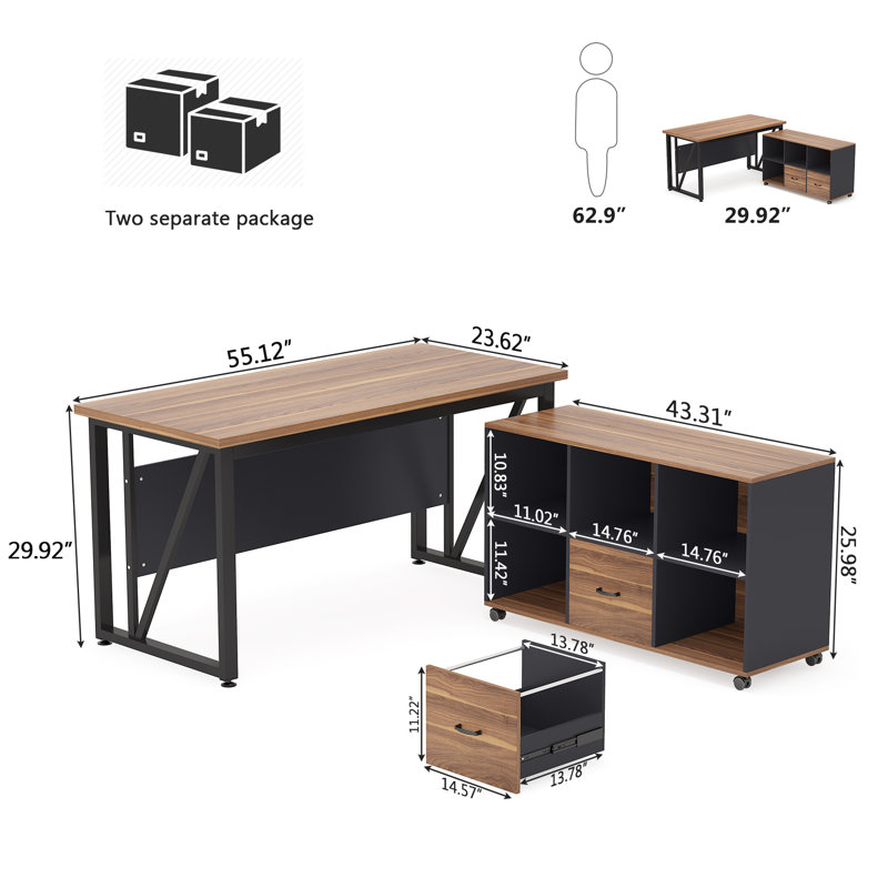 Bureau de direction en L avec crédence Dineke, Brun / noir, H 29,92 po x l 55,12 po x P 23,62 po