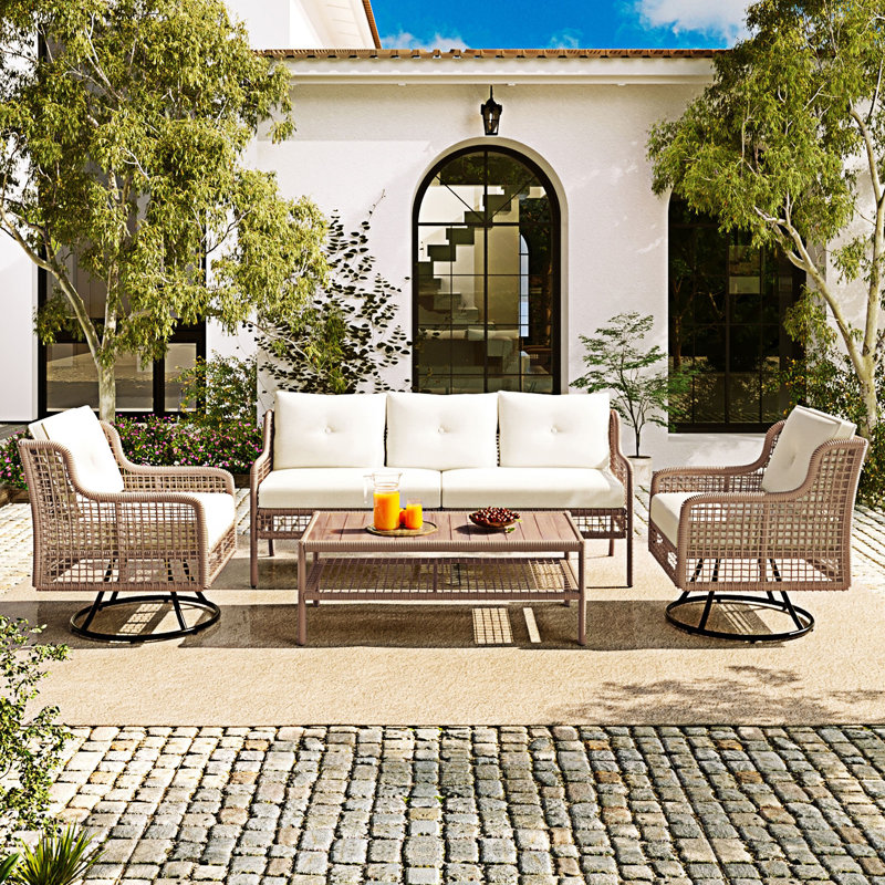 4 Pieces Outdoor Conversation Set, Beige, Beige