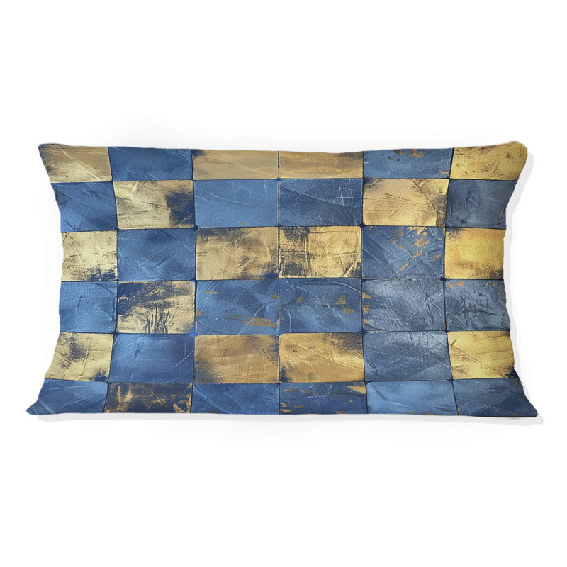 Tuiles cubiques dorées bleues - Coussin décoratif, H 12 po x l 20 po, Forme rectangulaire