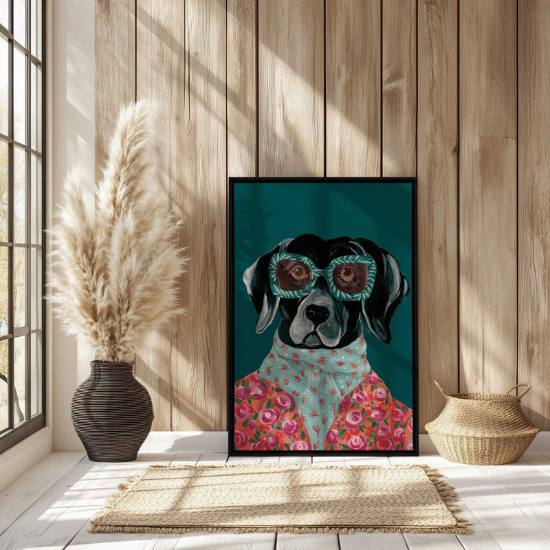 «Dashing Labrador» par Yvette St. Amant, reproduction d'art, H 16 po x l 12 po, Cadre flottant, Noir