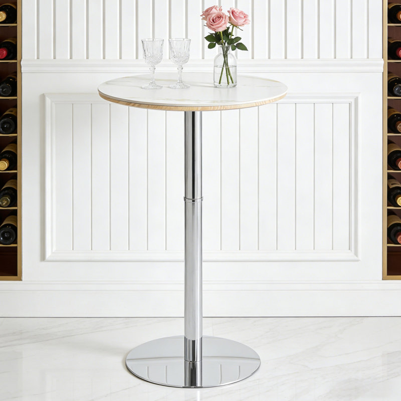 Ensemble de bar à hauteur réglable, table de pub ronde en marbre blanc avec pieds chromés et 2 tabourets de bar en cuir de polyuréthane rembourré blanc avec fonction pivotante, ensemble bistro pour petits espaces