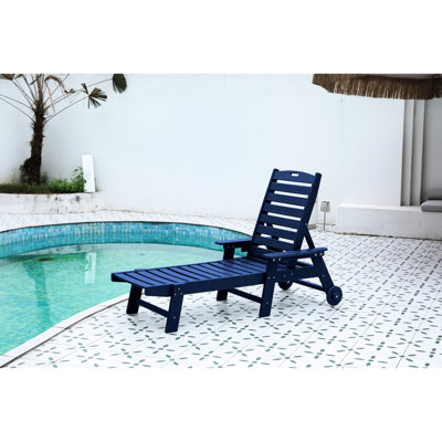 5 Patio Lounge Chair In Navy Blue With Cup Holder, Wheels For Pool, Deck, Outdoor Outdoor, 5 Positions, Poolside