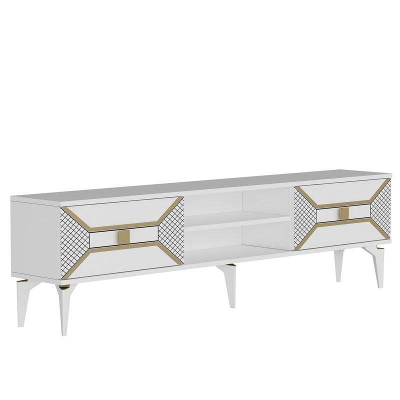 Meuble télé moderne avec détails dorés, 59,1 po x 19,7 po x 11,8 po | 100% panneau de particules enduit de mélamine, épaisseur: 0,7 pouce | Conception géométrique élégante, parfaite pour le salon et les espaces de divertissement
