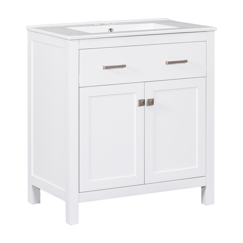 Meuble-lavabo de 30 po avec lavabo en céramique, armoire moderne blanche à 2 portes et tablette, porte à fermeture en douceur, lavabo à structure robuste de 30 po, deux portes A, fabrication