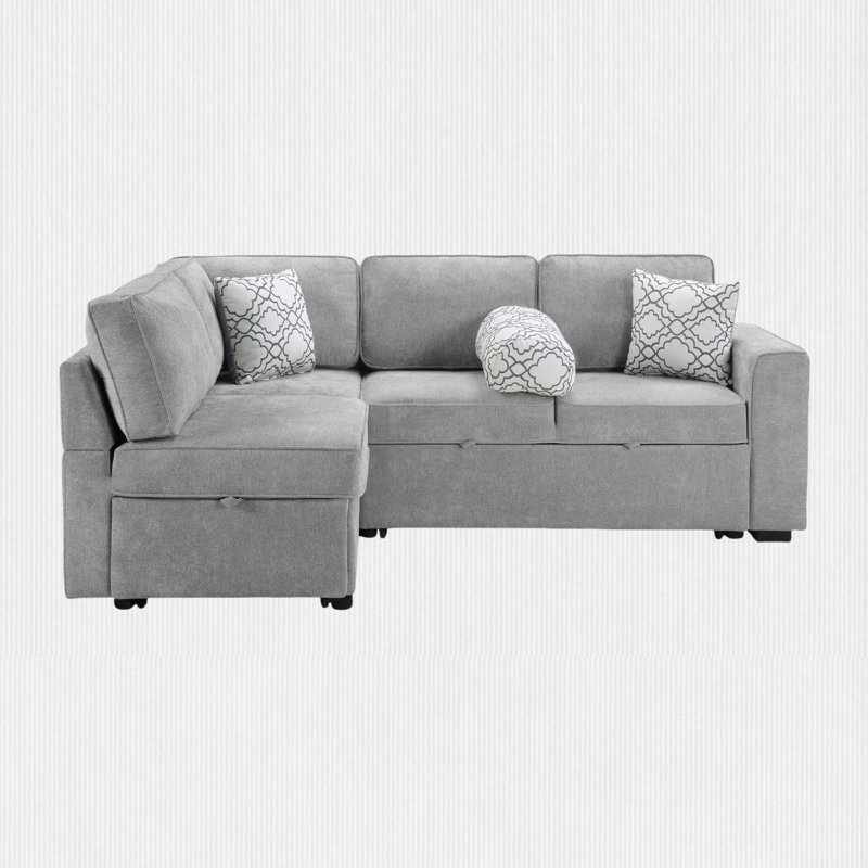 84"W 3-Piece Pull-Out Sectional Sofa Bed, Light Gray Chenille
