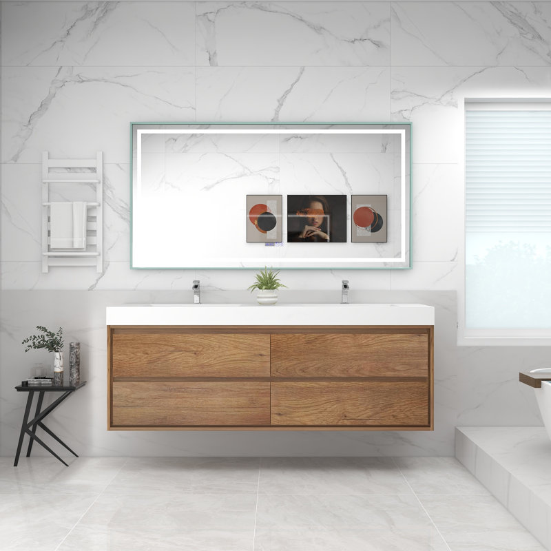 72'' Double Bathroom Vanity with Acrylic Top, Teak Oak