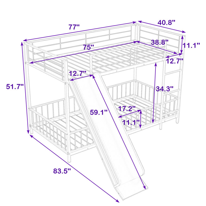 Twin Over Twin Metal Bunk Bed With Slide, Convertible Loft Design And Safety Guardrail, Black