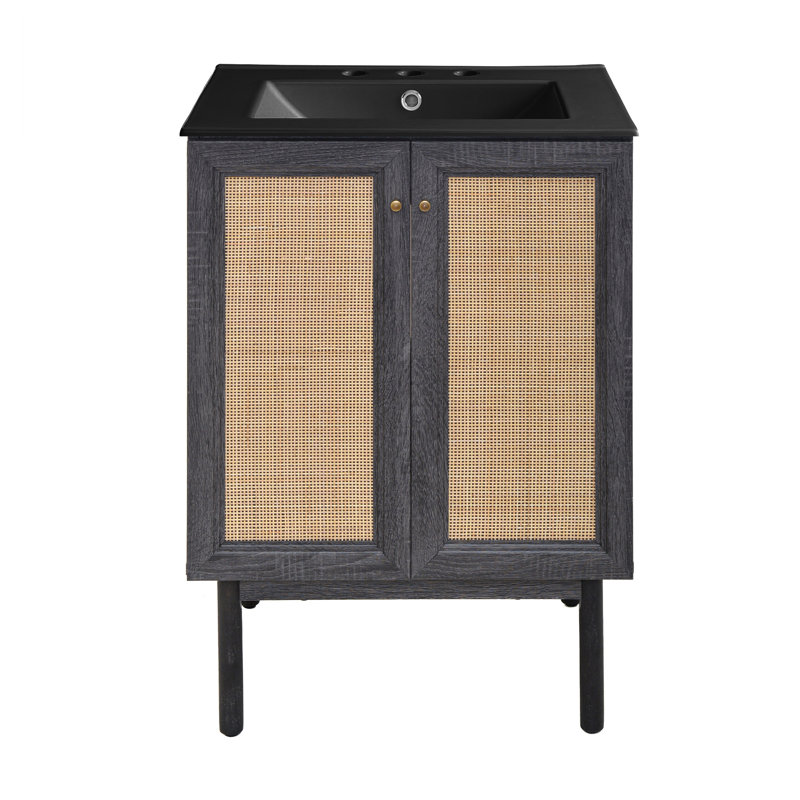 Meuble-lavabo autoportant de 24 po en chêne noir avec plateau central noir à 3 trous Classe, Noir, Noir