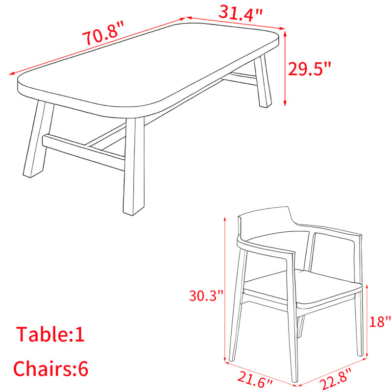 American style retro solid wood dining table set., 29.5"H x 70.8"L x 31.4"W