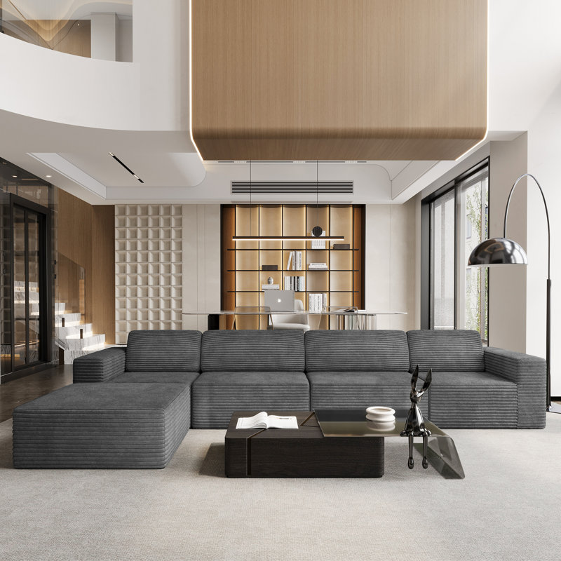 Modular Corduroy 404cm 4-seater Sofa With 1 Ottoman, No Assembly Required, With High Rebound Sponge, Grey