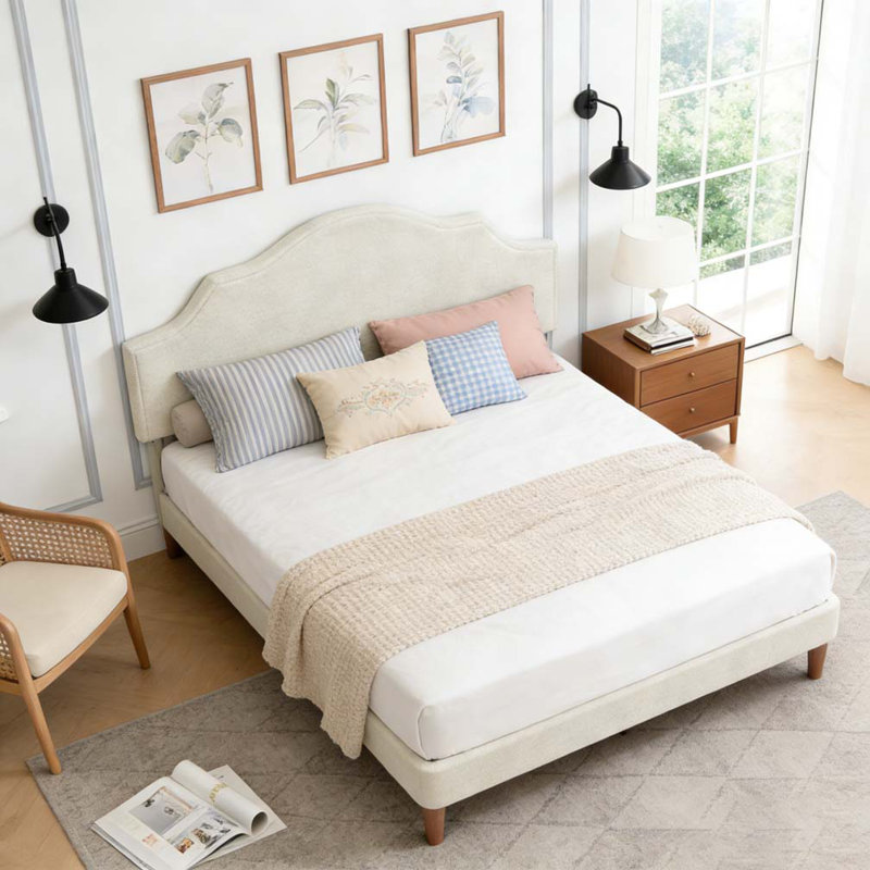 Lit plateforme tapissier avec tête de lit réglable, rembourrage en tissu de lin, Beige, Très grand