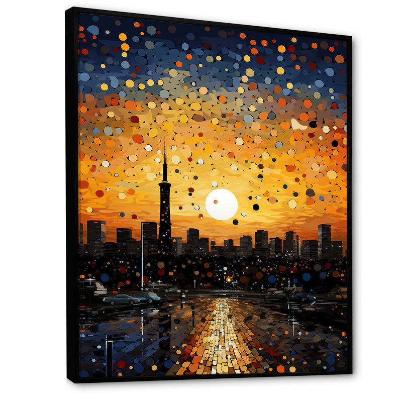 Art déco coucher de soleil paysage urbain, Cadre flottant noir, H 32 po x l 24 po
