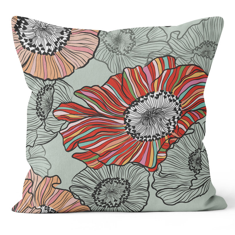Candy Stripe Poppies - Funky Art Cushion - Paradise Garden - House of Turnowsky Cushion, Green/Red/Yellow