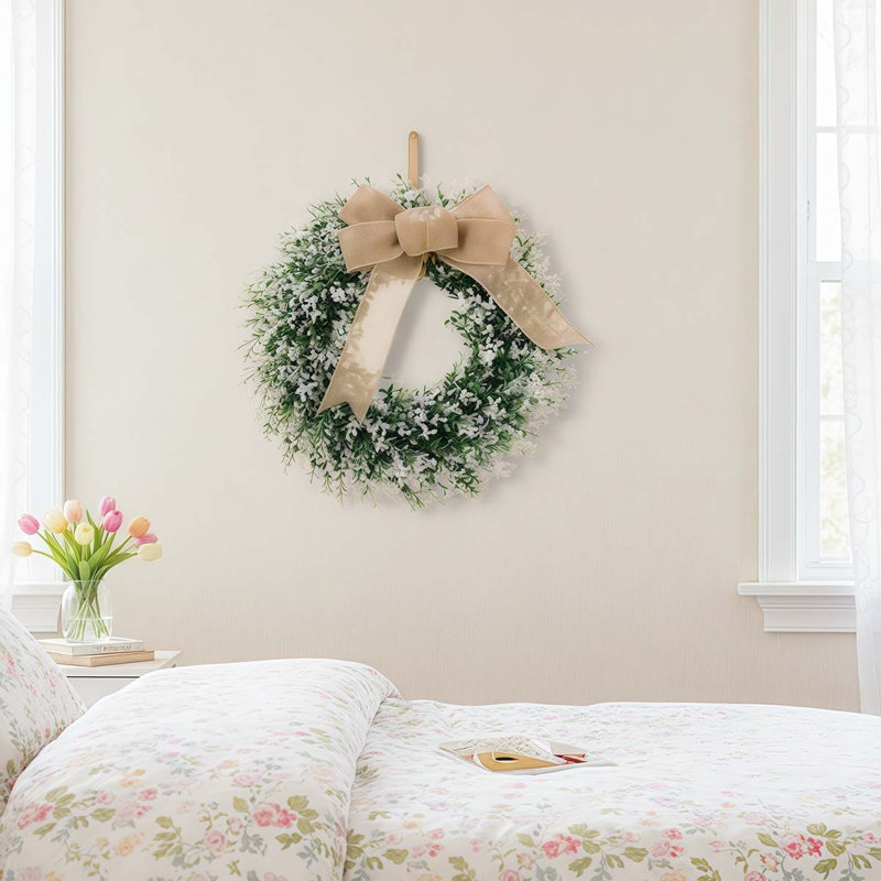 Linen Bow Artificial Green Leaf Plant Wreath, 40cm Front Door Decoration Wreath Pendant-Linen Bow Green Leaf Wreath, Holiday Decorations, Home Decor, Spring Summer Decorations