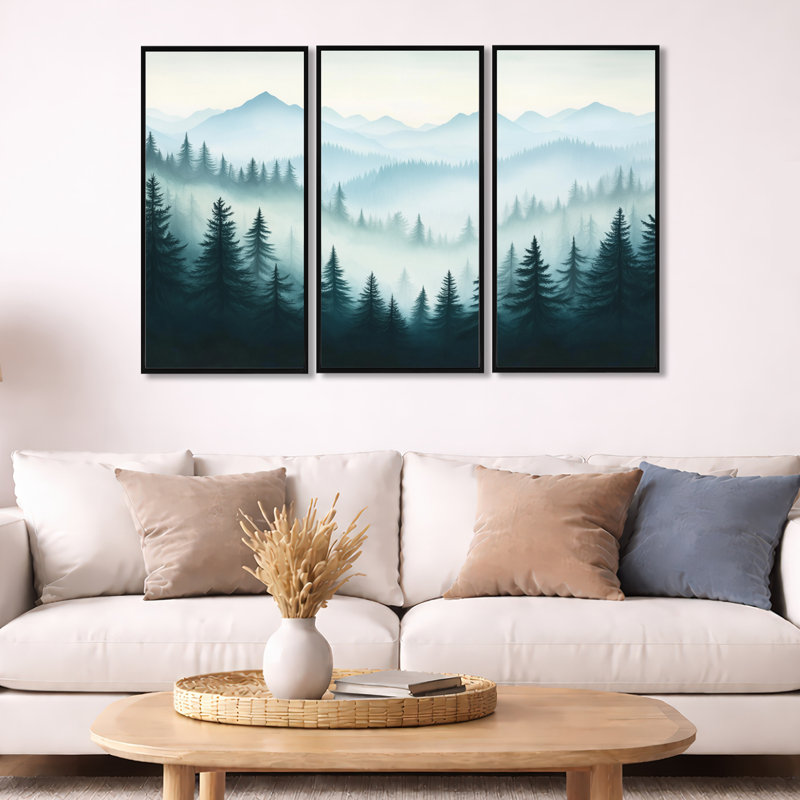 Hiver, art mural pin, forêt enneigée, ensemble de 3 toiles encadrées Jamarion, H 32 po x l 48 po, Cadre flottant noir
