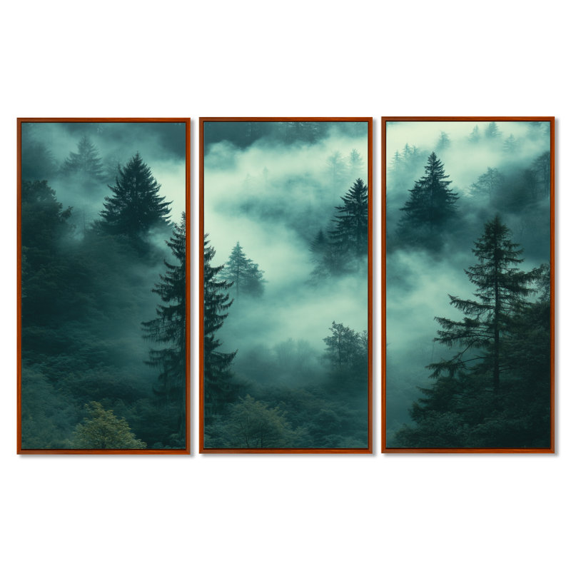 «Teal Mist Woodland I - Forest», art mural 3 pièces, H 40 po x l 60 po, Cadre flottant brun