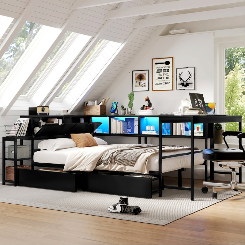 Cadre de lit d'angle avec tablettes et 2 tiroirs de rangement, lit moderne avec lumière DEL et station de charge, Lit double