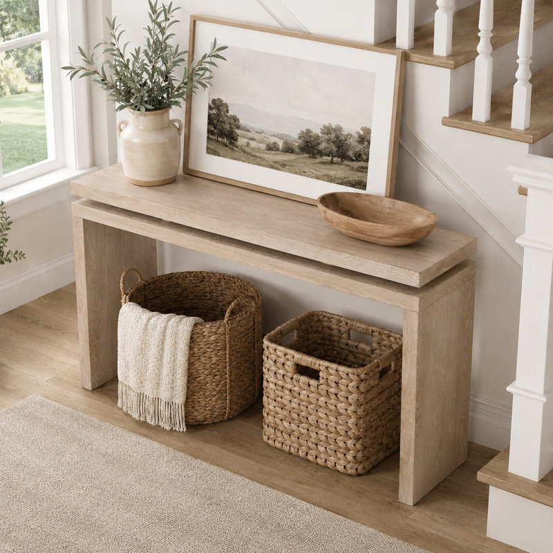 Classic Farmhouse Wooden Living Room Console Table Entryway Table, Antique Natural