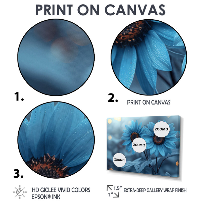 Nirvana monochromes bleu tournesols III - tournesols, impression d'art mural, Toile argentée avec cadre flottant