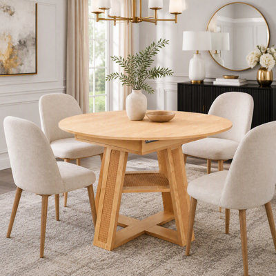 Extendable Round-to-Oval Dining Table for 4-6, with Removable Leaf and Storage Shelf