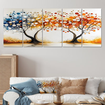 Automne orange et bleu, arbre, saisons, reflets IV - ensemble abstrait d'art mural Mid-Century