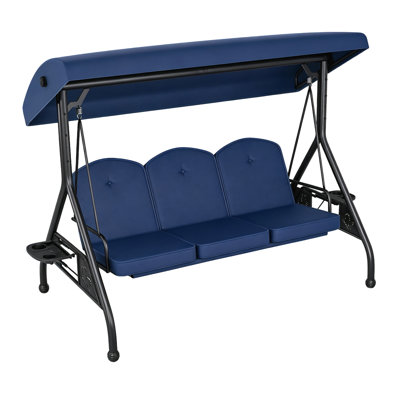 3 Seat Outdoor Porch Patio Swing With Stand 800Lbs 2-In-1 Convertible Swing Bed With Two Cushions Adjustable Canopy & Removable Cushion For Yard Garden Deck (Blue, Round Tube)