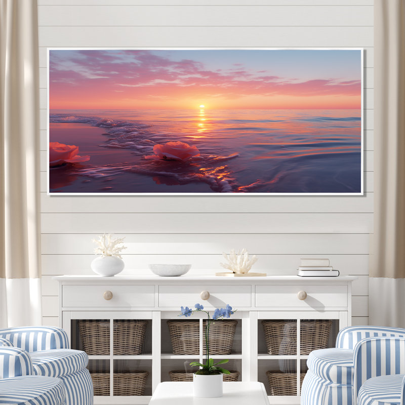 «Beach Cotton Candy Sunset Skies I» - art mural coucher de soleil côtier, Cadre flottant noir, H 12 po x l 20 po x P 1 po