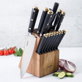 Martha Stewart 16 Piece Lockton High Carbob Stainless Steel Cutlery Kitchen Knife Block Set W/ ABS Tripe Riveted Forged Handle Acacia Wood Block - Sage Green W/ Gold