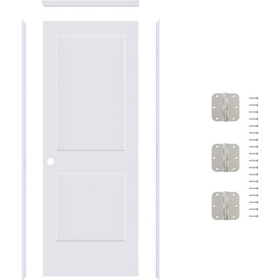 Porte intérieure pré-suspendue de 30 po x 80 po avec ensemble de poignées démontables et charnières noires mates, porte intérieure à deux panneaux Shaker avec alésage et charnière pour porte de salle de bain, garde-manger, porte intérieure de buanderie