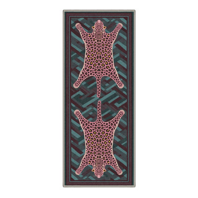 Machine Washable Animal Print Teal / Pink Hallway Runner With Non-Slip Backing