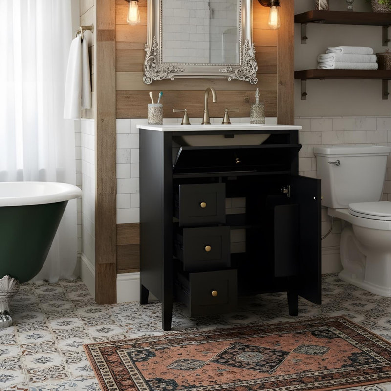 Meuble-lavabo moderne autoportant 24 po avec lavabo 24 po, Noir, Doré