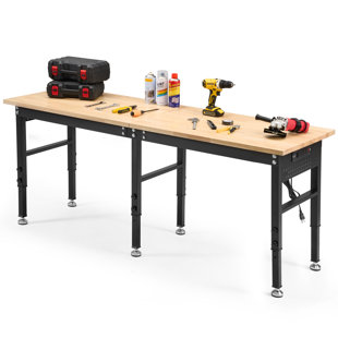 72" Adjustable Workbench with Rubberwood Top & Power Outlet,Large 72x24Inch 9-Level Height Range 27"-37", 5000 LBS Heavy Duty Capacity for Workshop, Office, Garage, Home