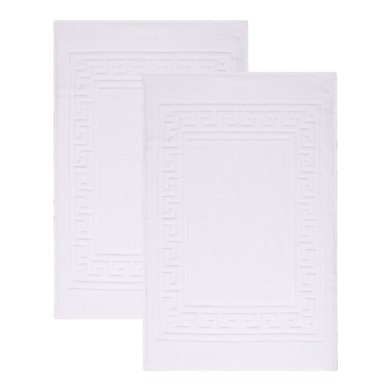 White Cotton Absorbent Bath Mat Set with Meander Border