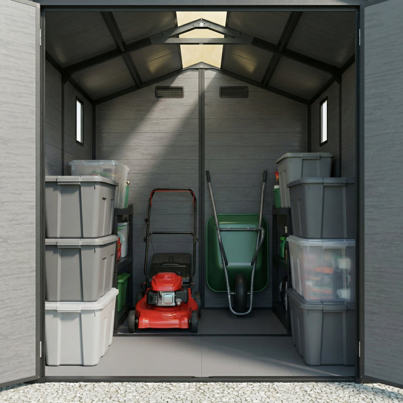 72-Inch Plastic Outdoor Storage Shed - Lockable Resin Tool Shed With Window And Floor Panel, Dark Gray