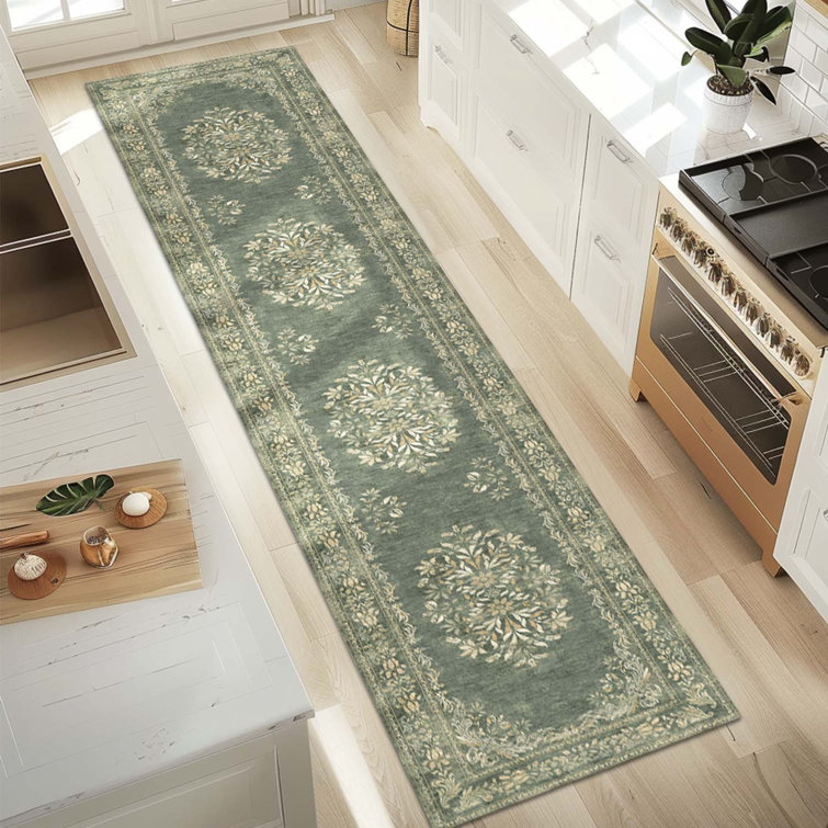 Vintage Floral Distressed Design Non-Slip Low-Pile Soft Thin Faux Wool Area Rug