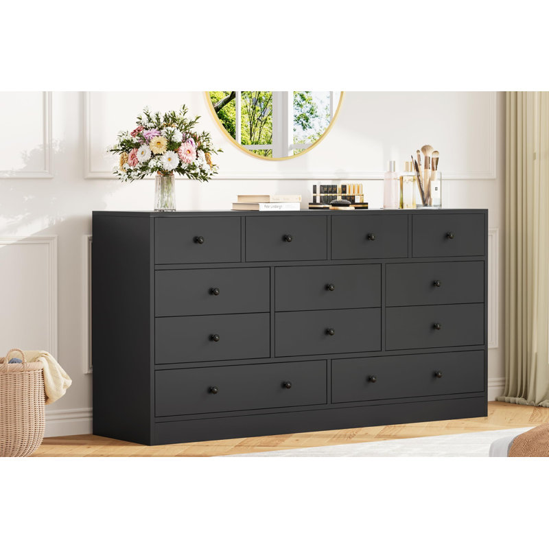 12 Drawer Dresser For Bedroom, 61 Inch Wood Dresser With Power Outlet, Black