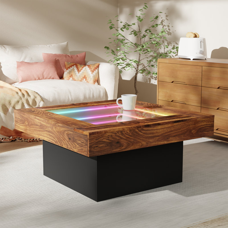Infinity Mirror Light Coffee Table For Living Room, Rustic Wood Led Coffee Table, Modern Square Center Table With Music Sync Lights