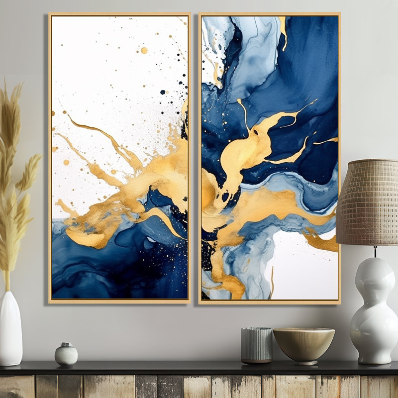 Art mural moderne bleu foncé et or II - 2 panneaux, 40" H x 40" W, Impression encadrée flottante, Cream