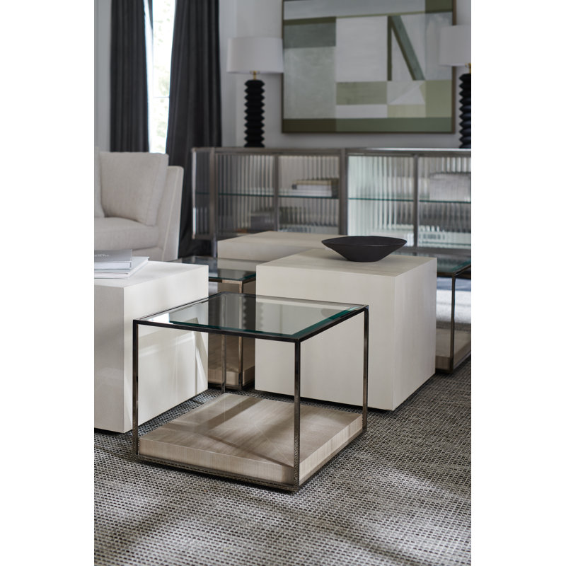 White Faux Shagreen Square Coffee Table with Wood Base