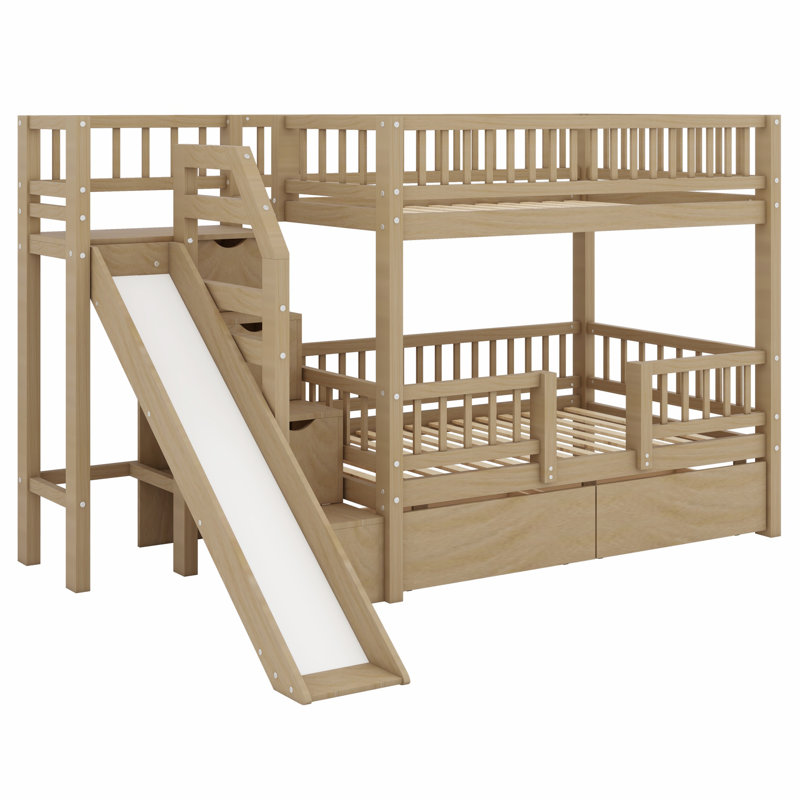Lit superposé pour enfants avec escalier de rangement, glissade et deux tiroirs, Noyer